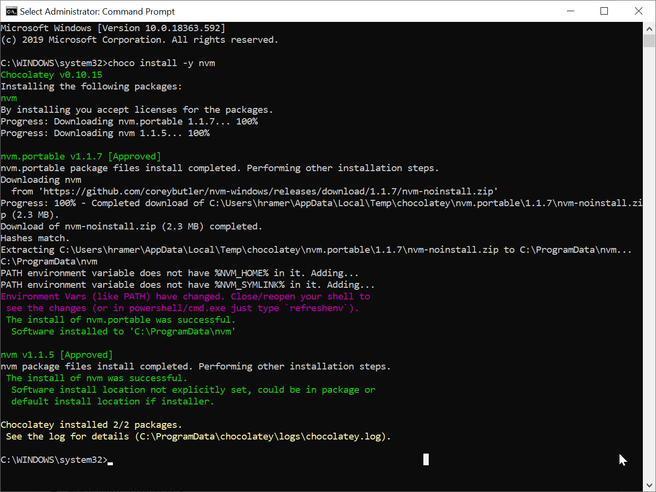 Installing NVM with Chocolatey.